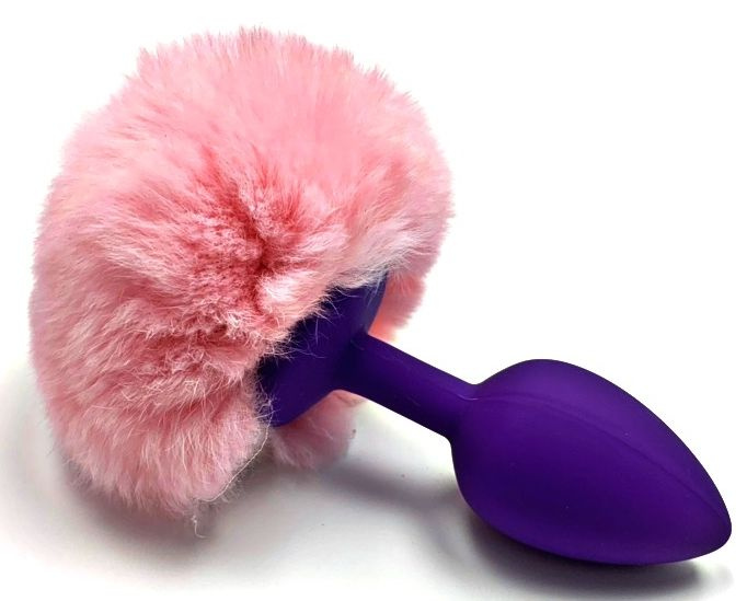 Фиолетовая силиконовая анальная пробка с розовым заячьим хвостиком купить в секс шопе