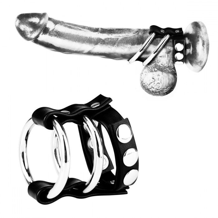 Двойное металлическое кольцо на пенис с регулируемым ремешком купить в секс шопе
