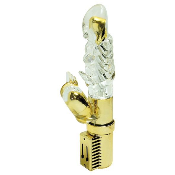 Золотистый вибромассажёр с клиторальным стимулятором - 16 см. купить в секс шопе