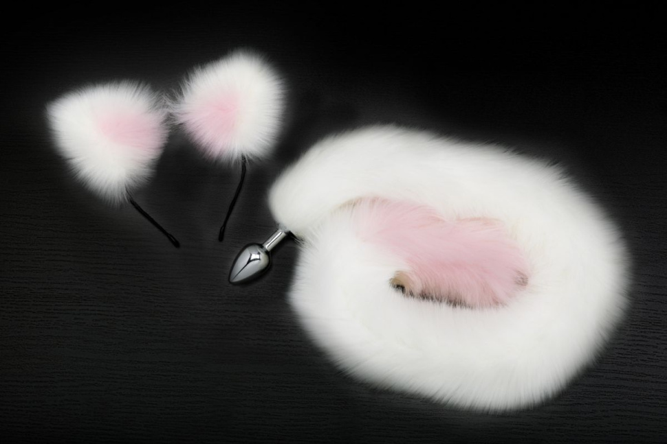 Серебристая анальная пробка с бело-розовым хвостиком и ободком-ушками купить в секс шопе