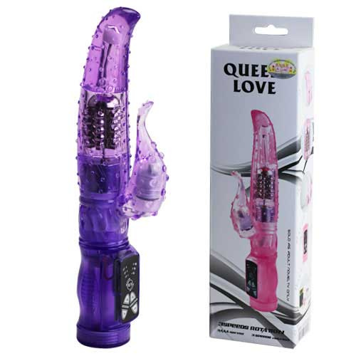 Фиолетовый вибратор с ротацией и со стимулятором клитора - 21,5 см. купить в секс шопе