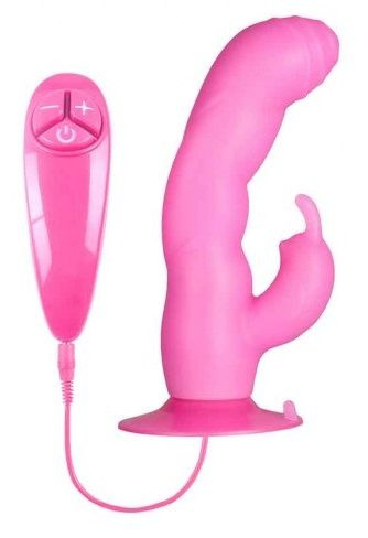 Розовый вибратор с клиторальным стимулятором BUNNY ICY - 18 см. купить в секс шопе
