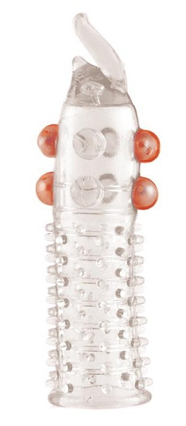 Гелевая прозрачная насадка с шариками, шипами и усиком - 11 см. купить в секс шопе