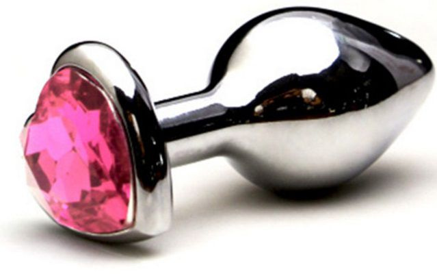 Гладкая серебристая втулка с розовым кристаллом-сердечком - 7,6 см. купить в секс шопе