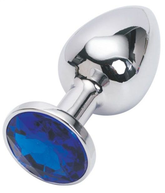 Серебряная металлическая анальная пробка с синим стразиком - 7,6 см. купить в секс шопе