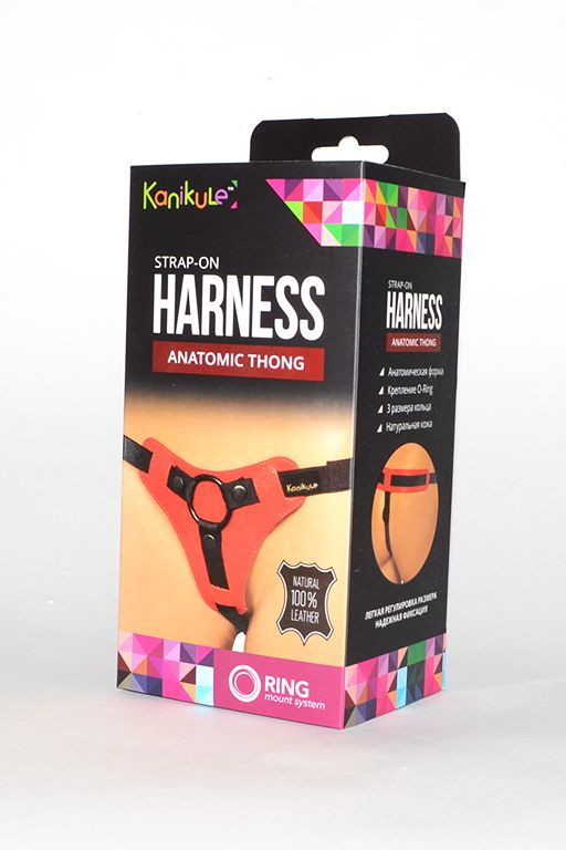 Красно-чёрные трусики для фиксации насадок кольцом Kanikule Leather Strap-on Harness  Anatomic Thong купить в секс шопе