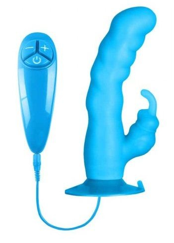 Голубой вибратор с клиторальным стимулятором BUNNY ICY - 18 см. купить в секс шопе