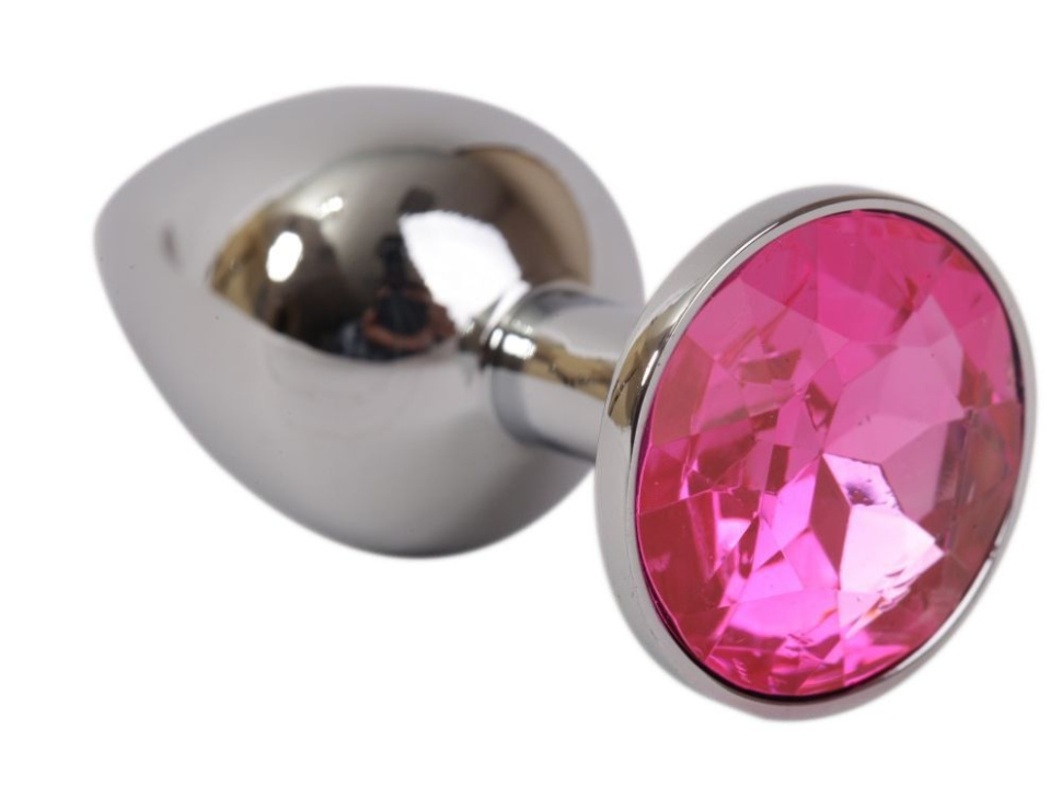 Серебряная металлическая анальная пробка с розовым стразиком - 7,6 см. купить в секс шопе