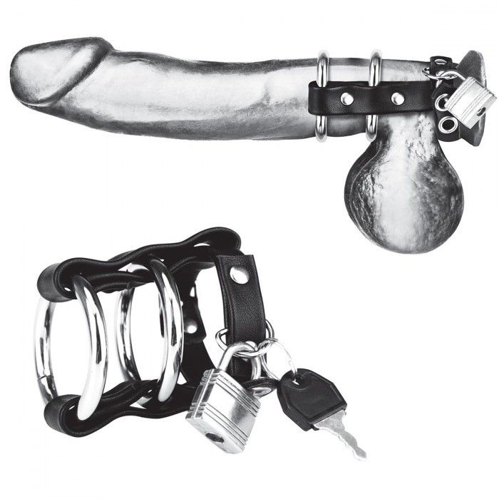 Двойное металлическое кольцо на пенис с замком на ремне купить в секс шопе