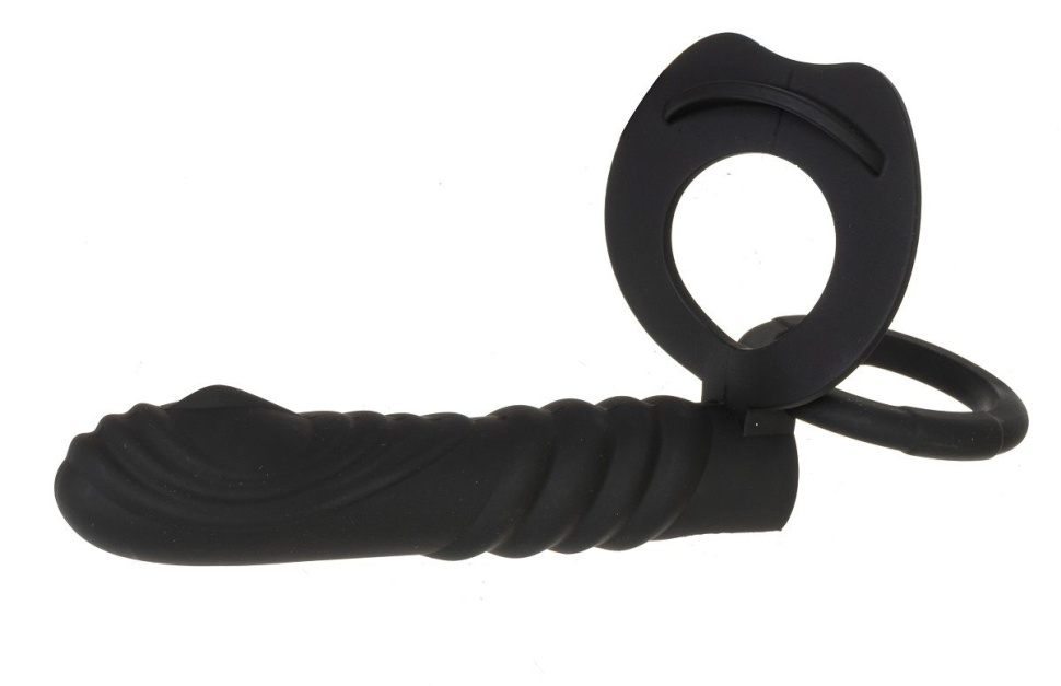 Черная вибронасадка для двойного проникновения с 2 эрекционными кольцами - 13,5 см. купить в секс шопе