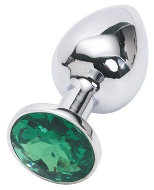 Серебряная металлическая анальная пробка с зеленым стразиком - 7,6 см. купить в секс шопе