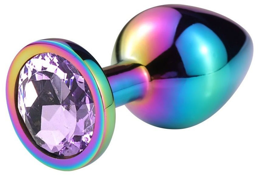 Разноцветная анальная пробка с сиреневым кристаллом - 9,5 см. купить в секс шопе