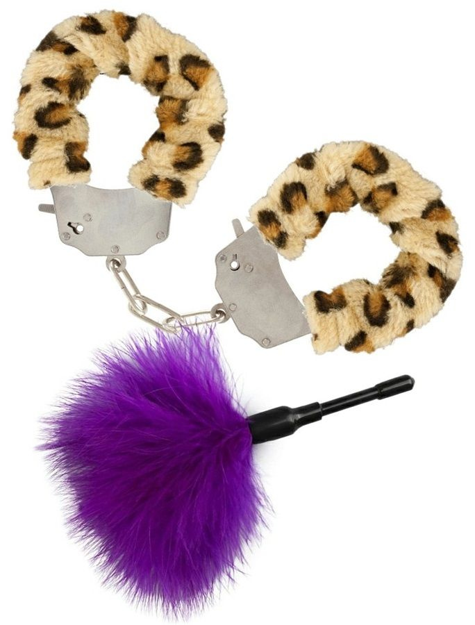 Эротический набор: леопардовые наручники и фиолетовая пуховка купить в секс шопе