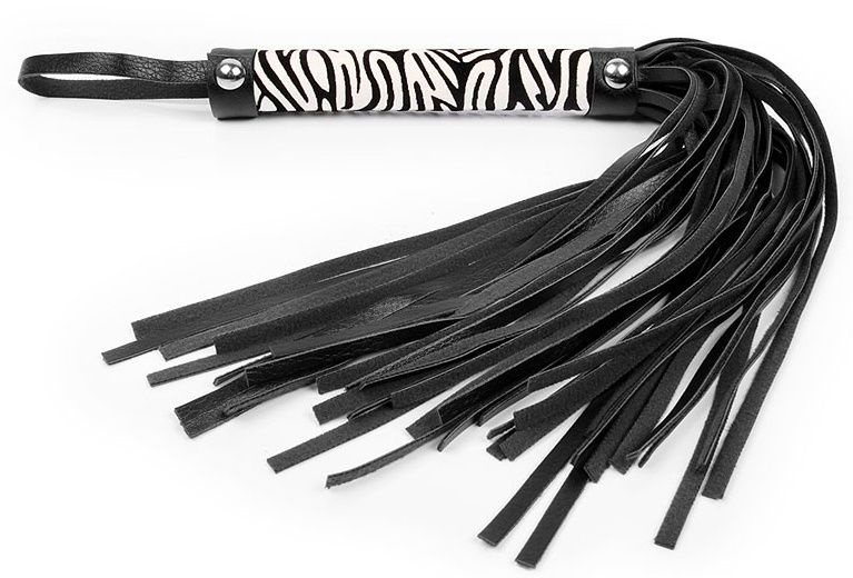 Черная многохвостовая плеть с круглой ручкой-зеброй - 39 см. купить в секс шопе