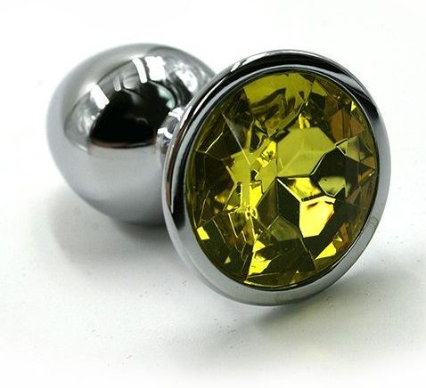 Серебристая алюминиевая анальная пробка с желтым кристаллом - 6 см. купить в секс шопе
