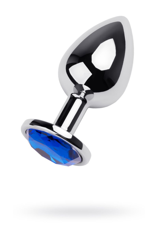 Серебристая анальная втулка с синим стразом - 9,5 см. купить в секс шопе