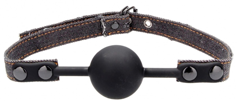 Черный кляп-шарик With Roughend Denim Straps с черными джинсовыми ремешками купить в секс шопе