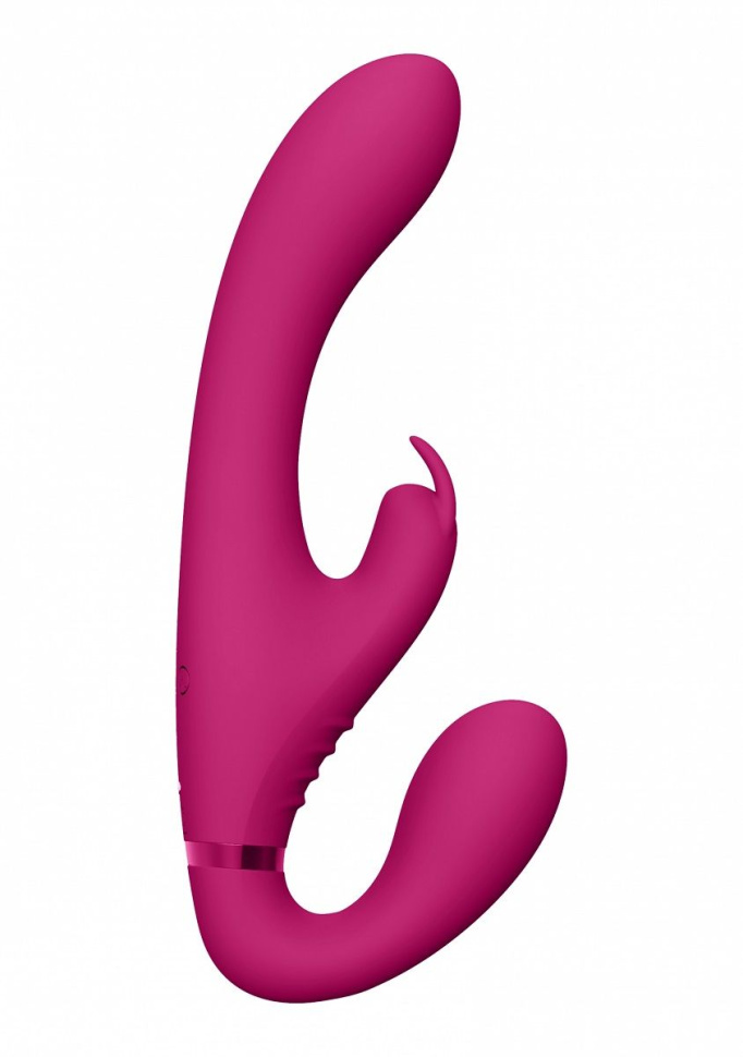 Розовый безремневой вибрострапон Suki со стимулятором клитора - 22 см. купить в секс шопе