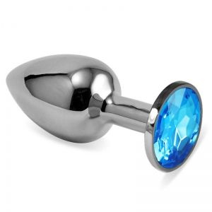Серебряная металлическая анальная пробка с голубым стразиком - 7,6 см. купить в секс шопе