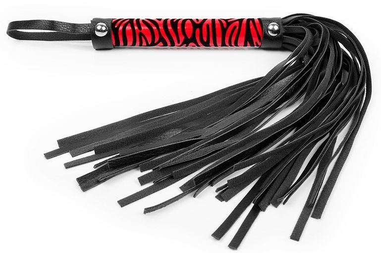 Черная многохвостовая плеть с круглой красной ручкой-зеброй - 39 см. купить в секс шопе