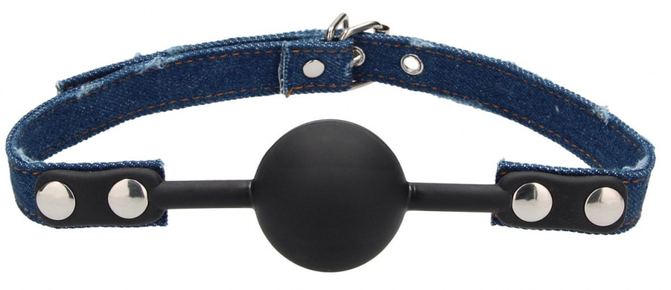 Черный кляп-шарик With Roughend Denim Straps с синими джинсовыми ремешками купить в секс шопе