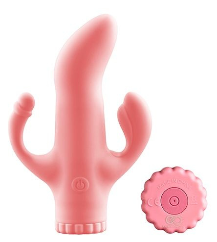 Розовый вибратор с клиторальным и анальным отростками - 15,2 см. купить в секс шопе