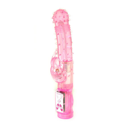 Розовый вибромассажёр с пупырышками, вращением и клиторальной стимуляцией - 22,3 см. купить в секс шопе