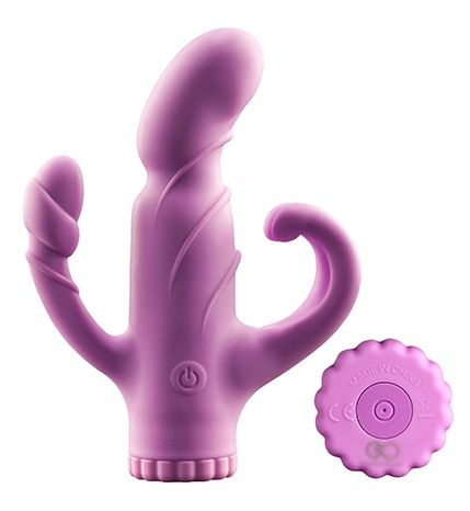 Фиолетовый вибратор с клиторальным и анальным отростками - 15,2 см. купить в секс шопе