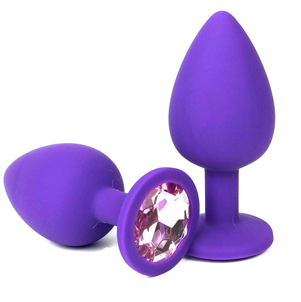 Фиолетовая анальная пробка с нежно-розовым стразом - 8 см. купить в секс шопе