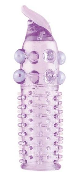 Гелевая фиолетовая насадка с шариками, шипами и усиком - 11 см. купить в секс шопе
