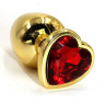Золотистая алюминиевая анальная пробка с красным кристаллом-сердцем - 8,4 см. купить в секс шопе