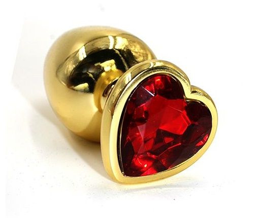 Золотистая алюминиевая анальная пробка с красным кристаллом-сердцем - 8,4 см. купить в секс шопе