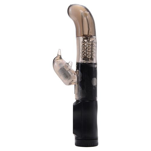 Дымчатый вибратор MAGIC TALES BLACK DOLPHIN с загнутой головкой и клиторальным отростком - 21 см. купить в секс шопе