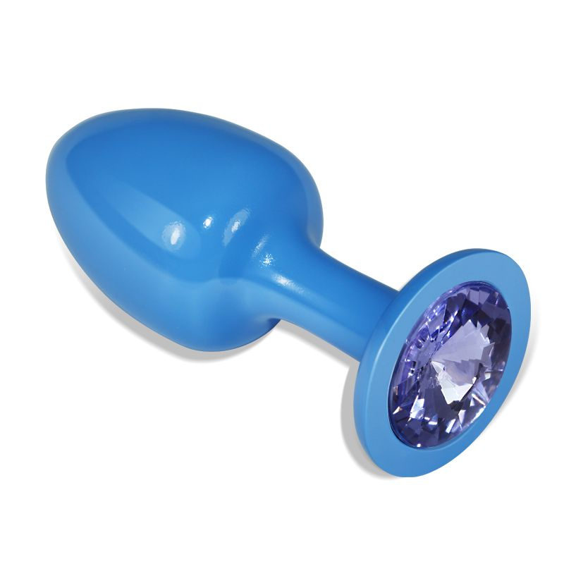 Голубая анальная втулка с сиреневым кристаллом - 8,2 см. купить в секс шопе