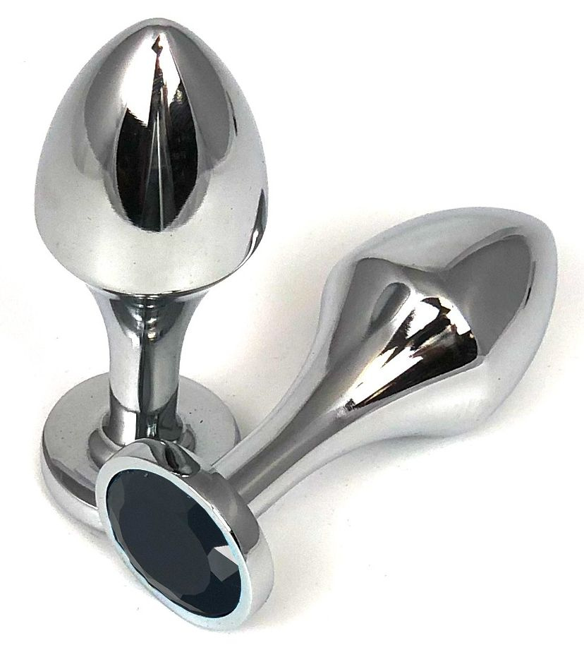 Серебристая анальная пробка на удлиненной ножке с черным кристаллом - 9 см. купить в секс шопе