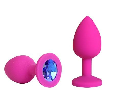 Розовая силиконовая пробка с синим кристаллом размера S - 6,8 см. купить в секс шопе