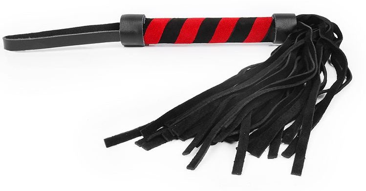 Черная многохвостовая плеть с круглой черно-красной ручкой - 39 см. купить в секс шопе