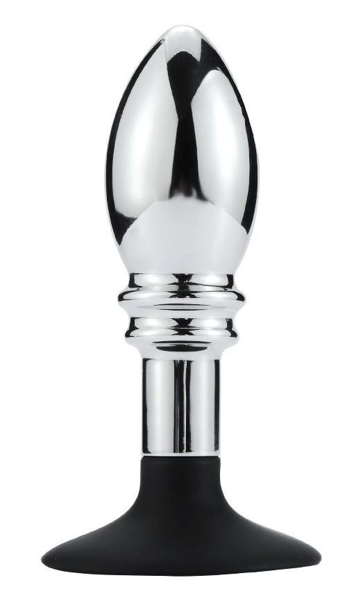 Серебристая рельефная анальная пробка на чёрной присоске - 12 см. купить в секс шопе