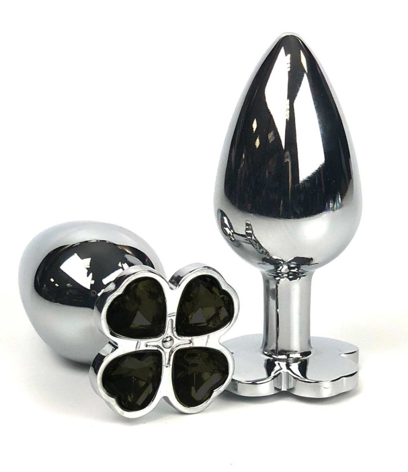 Серебристая анальная втулка с клевером из черных кристаллов - 8 см. купить в секс шопе