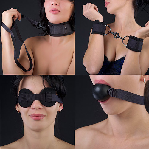 Чёрный комплект для БДСМ-игр: наручники, кляп-шарик, маска, ошейник купить в секс шопе
