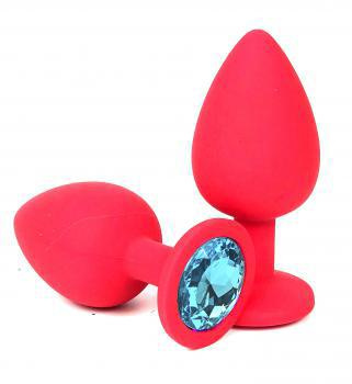 Красная силиконовая анальная пробка с голубым стразом - 9,2 см. купить в секс шопе