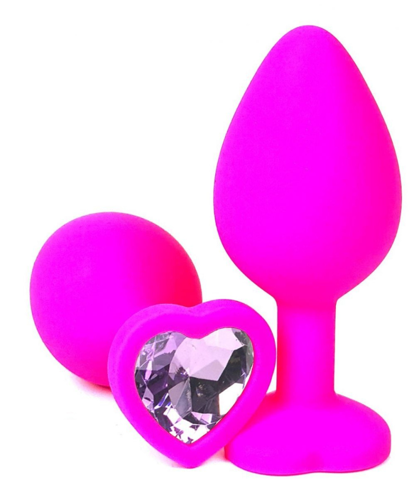 Розовая силиконовая пробка с сиреневым кристаллом-сердечком - 8 см. купить в секс шопе