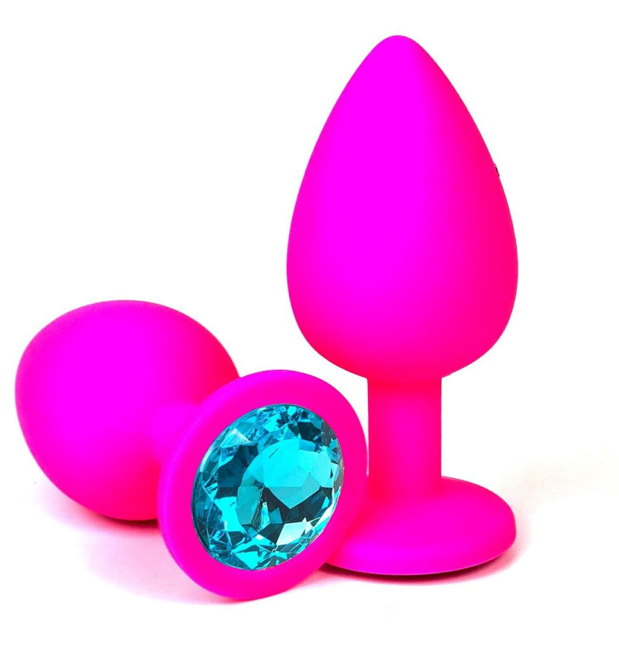 Розовая силиконовая пробка с голубым кристаллом - 6,8 см. купить в секс шопе