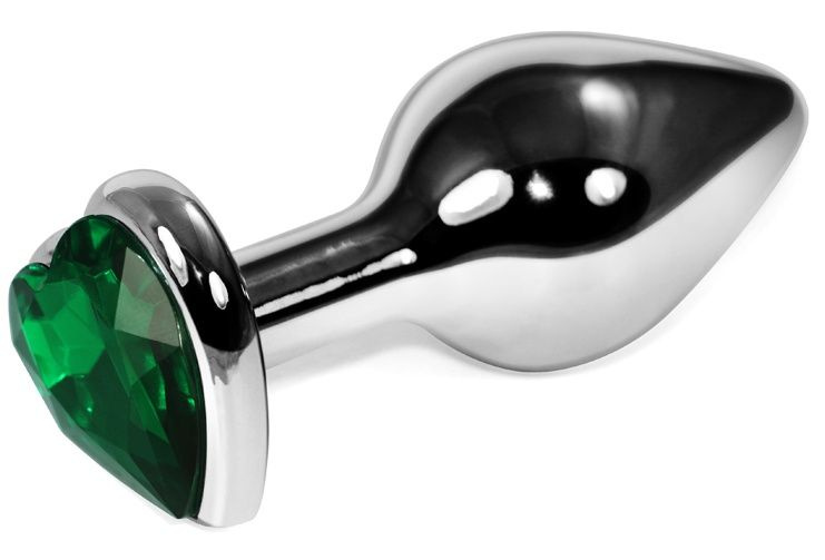 Серебристая анальная пробка с зеленым кристаллом-сердцем - 9 см. купить в секс шопе