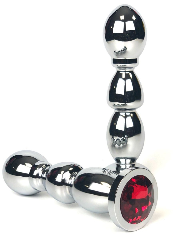 Серебристая закругленная анальная пробка-ёлочка с красным кристаллом - 13 см. купить в секс шопе