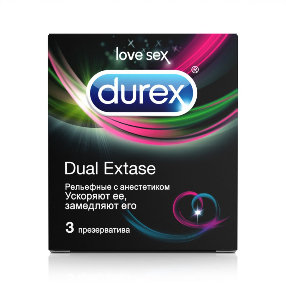 Рельефные презервативы с анестетиком Durex Dual Extase - 3 шт. купить в секс шопе