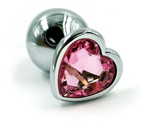 Серебристая анальная пробка с нежно-розовым кристаллом-сердцем - 7 см. купить в секс шопе