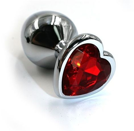 Серебристая анальная пробка с красным кристаллом-сердцем - 8,2 см. купить в секс шопе