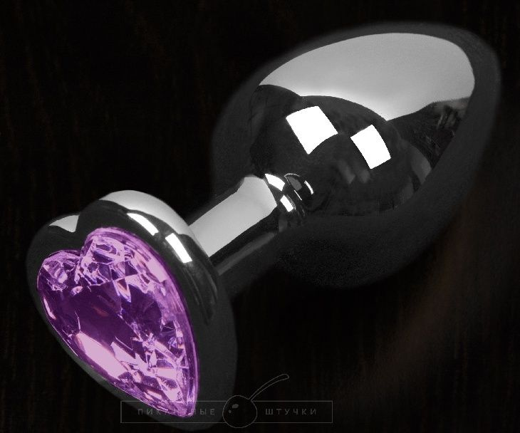 Серая анальная пробка с фиолетовым кристаллом в виде сердечка - 8,5 см. купить в секс шопе