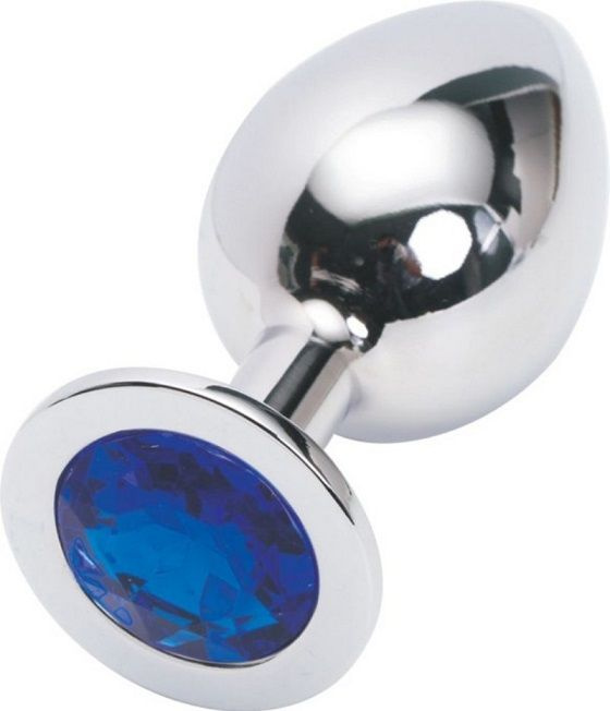 Серебряная металлическая анальная пробка среднего размера с синим стразиком - 8,2 см. купить в секс шопе